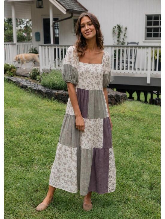 Easel Dresses & Skirts - Easel Women’s Small Gauze Cotton Feminine Floral Patchwork Cottage Neutral Dress